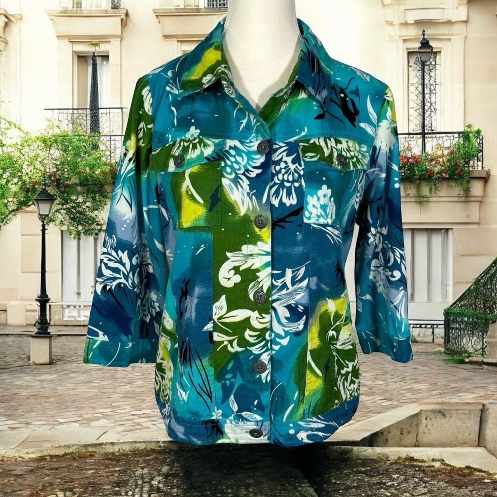 Choices Women's Small Jacket‎ Blue Floral Button Down 3/4 Sleeve Boho Chic